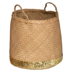 Set de 3 paniers ronds à anses, roseau tressé, sequins dorés